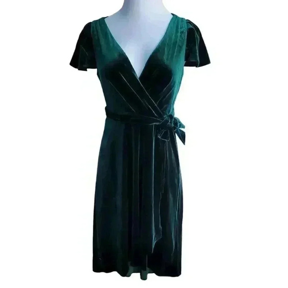 DKNY WOMEN'S HUNTER GREEN VELVET MIDI DRESS, V NECK TIE WAIST SIZE 2 - Picture 1 of 12